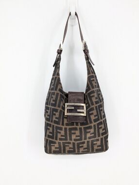 VINTAGE Fendi Zucca Canvas Shoulder Bag FF Logo Monogram Brown Nylon Authentic